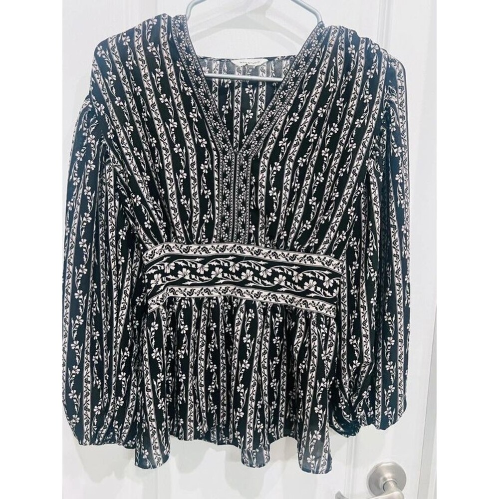 Max Studio Womenβs Small Black & White Floral Stripe Peplum Blouse Long Sleeve